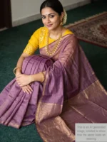 Mannequin wearing purple plain tissue-cotton Maheshwari saree