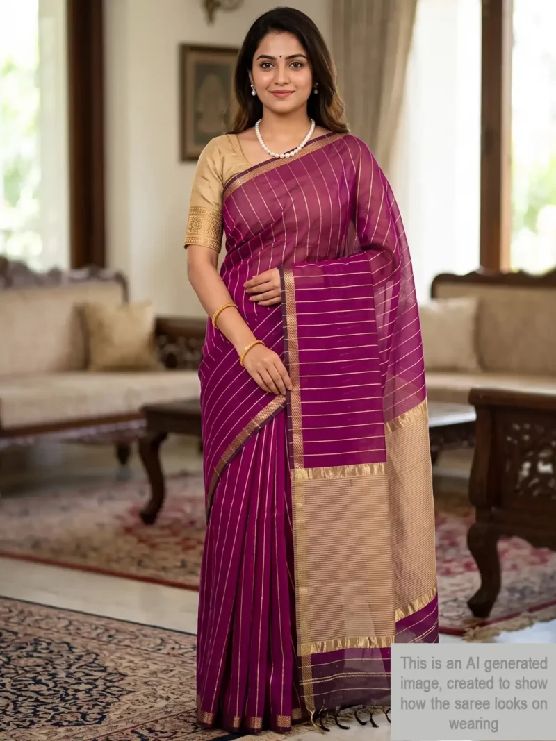 Mannequin wearing purple silk cotton Maheshwari saree with thread lines