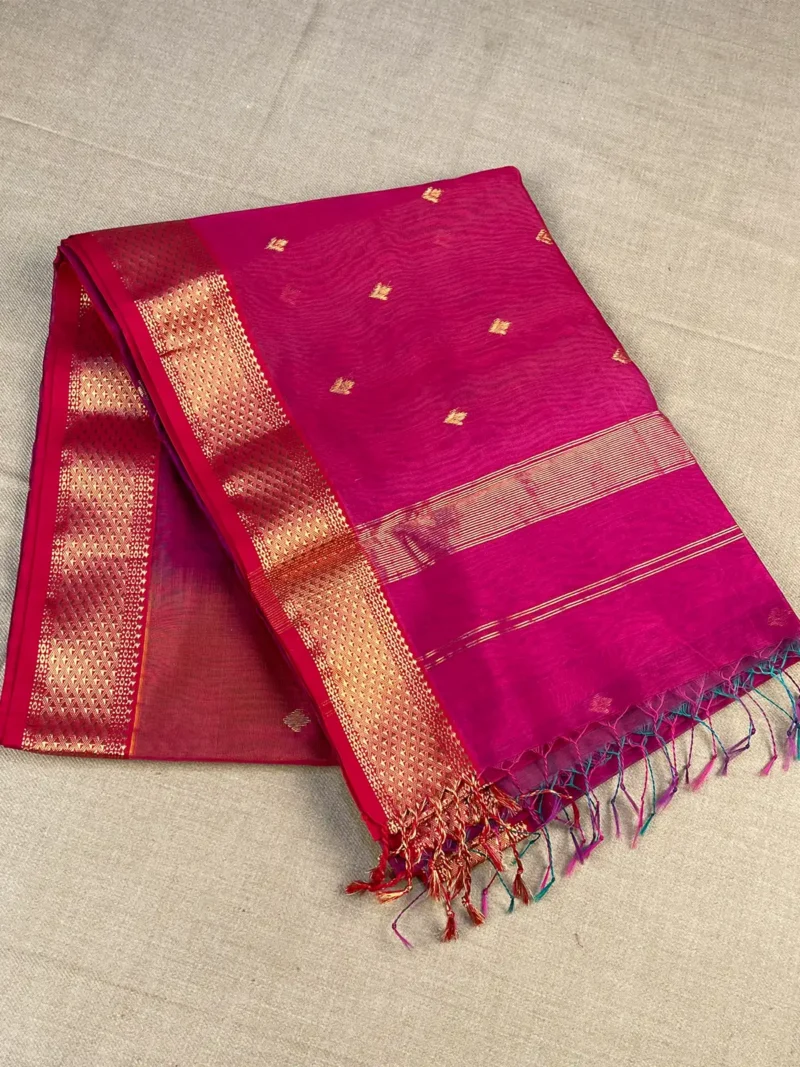 rani pink-shaded-Maheshwari silk-cotton Rani pink Shaded Maheshwari silk-cotton saree with butti