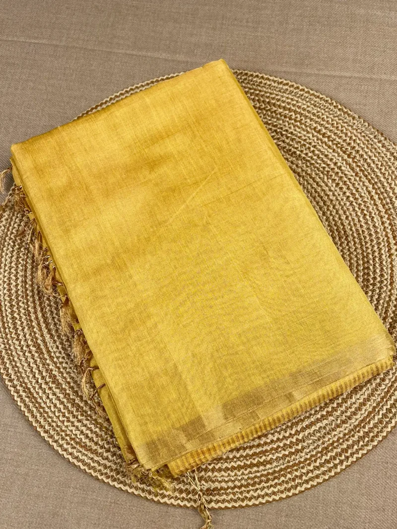 Yellow plain tissue-cotton Maheshwari saree
