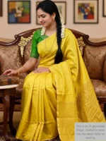 Mannequin wearing yellow plain tissue-cotton Maheshwari saree