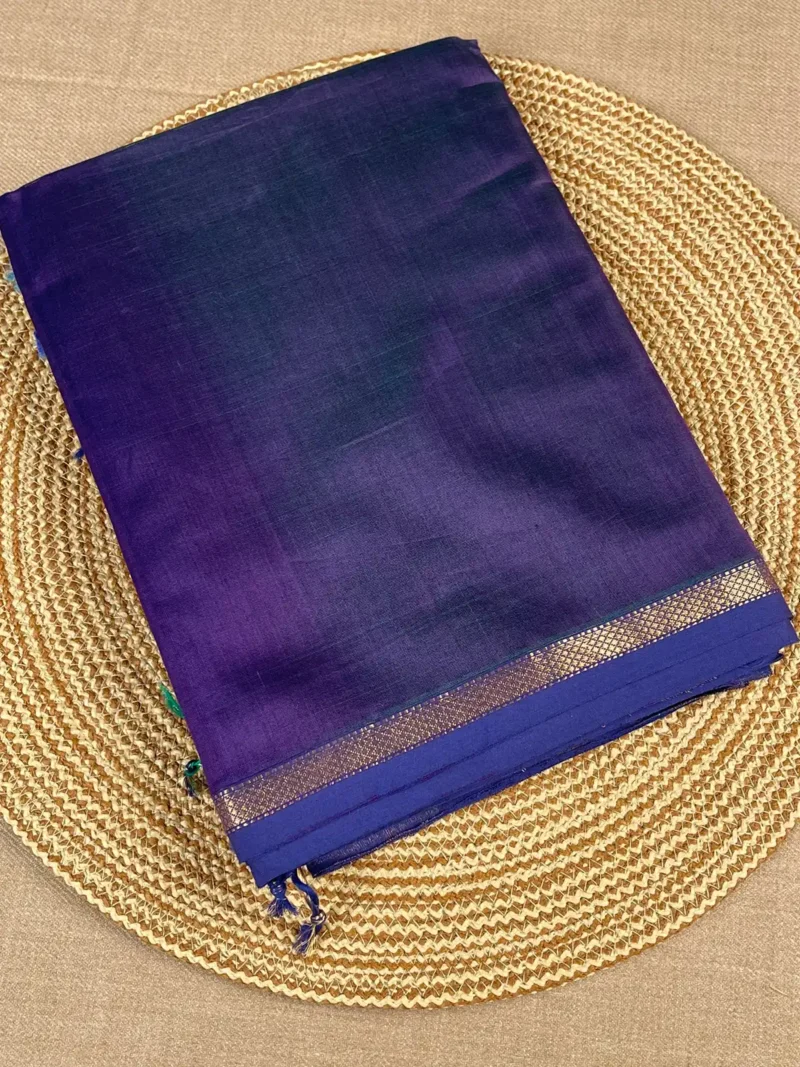 Blue shaded plain silk-cotton Maheshwari saree