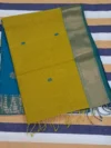 Mustard yellow silk-cotton Maheshwari saree with flower butti and contrast pallu