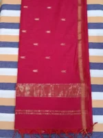 Pallu of Rani pink silk-cotton Maheshwari saree with small butti and narrow border